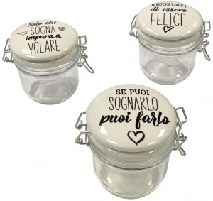 Felice Barattolo In Vetro Con Chiusura Tappo Con Scritte 7x9 cm 150 ml.